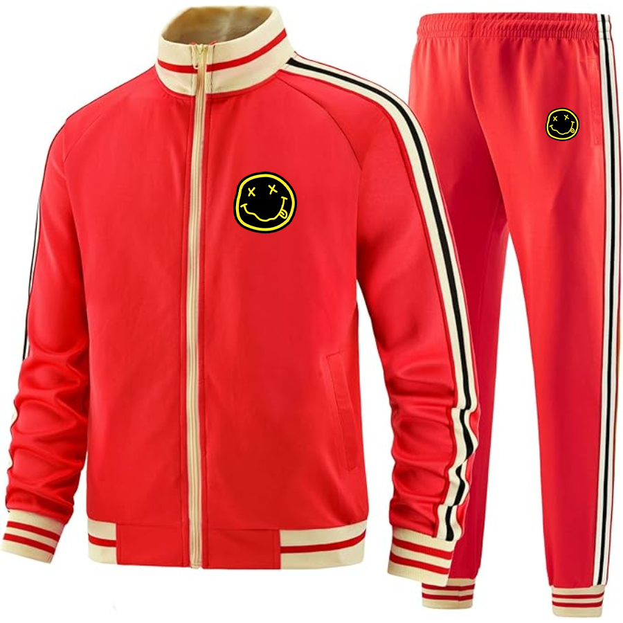 Men's Nirvana Yellow and Black Face   Two Piece Designer Tracksuit with Bold Striped Accents and Zippered Front Elevated Athletic Wear