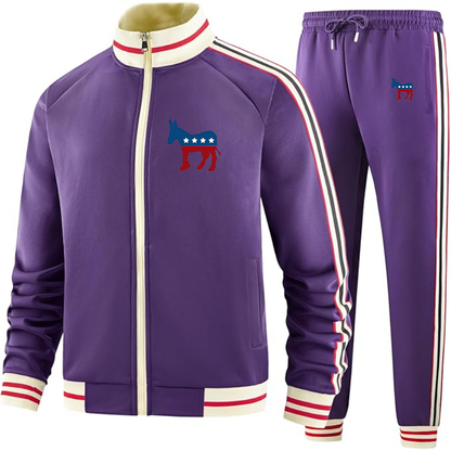 Men's  Democrat Election Symbol Two Piece Designer Tracksuit with Bold Striped Accents and Zippered Front Elevated Athletic Wear