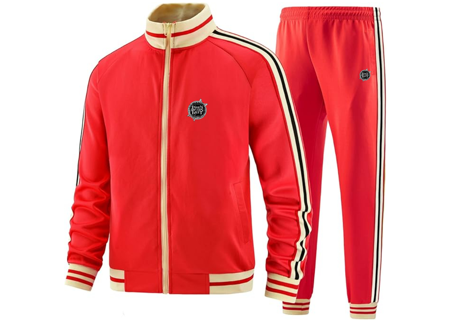 Men's When Rivers Meet Tracksuit with Bold Striped Accents and Zippered Front Athletic Wear