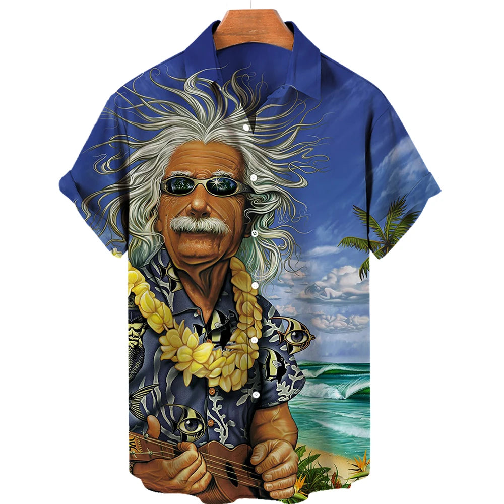 Vintage Surf and Palm Tree Print Short-Sleeve Hawaiian Shirt with Button-Up Closure and Turn-Down Collar