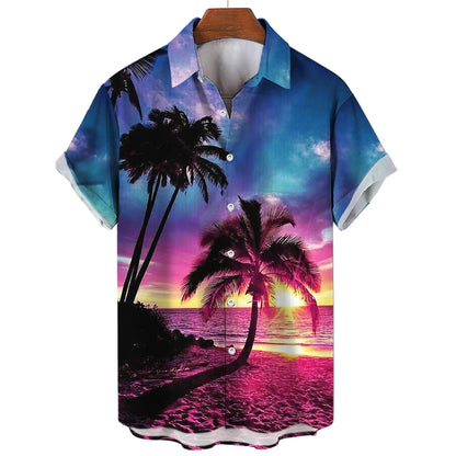 Vintage Surf and Palm Tree Print Short-Sleeve Hawaiian Shirt with Button-Up Closure and Turn-Down Collar