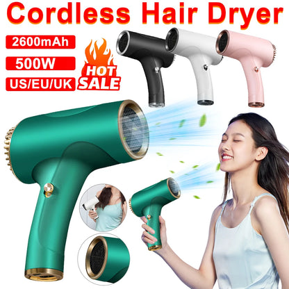 Rechargeable Cordless Hair Dryer with 2600mAh Battery, 500W Power, and Multiple Plug Options (US/EU/UK), Designed for Portable and Convenient Hair Drying Anywhere