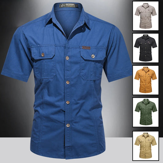 Men's Short-Sleeve Button-Up Utility Shirt with Dual Chest Pockets and Classic Outdoor Design for Casual and Adventure Wear