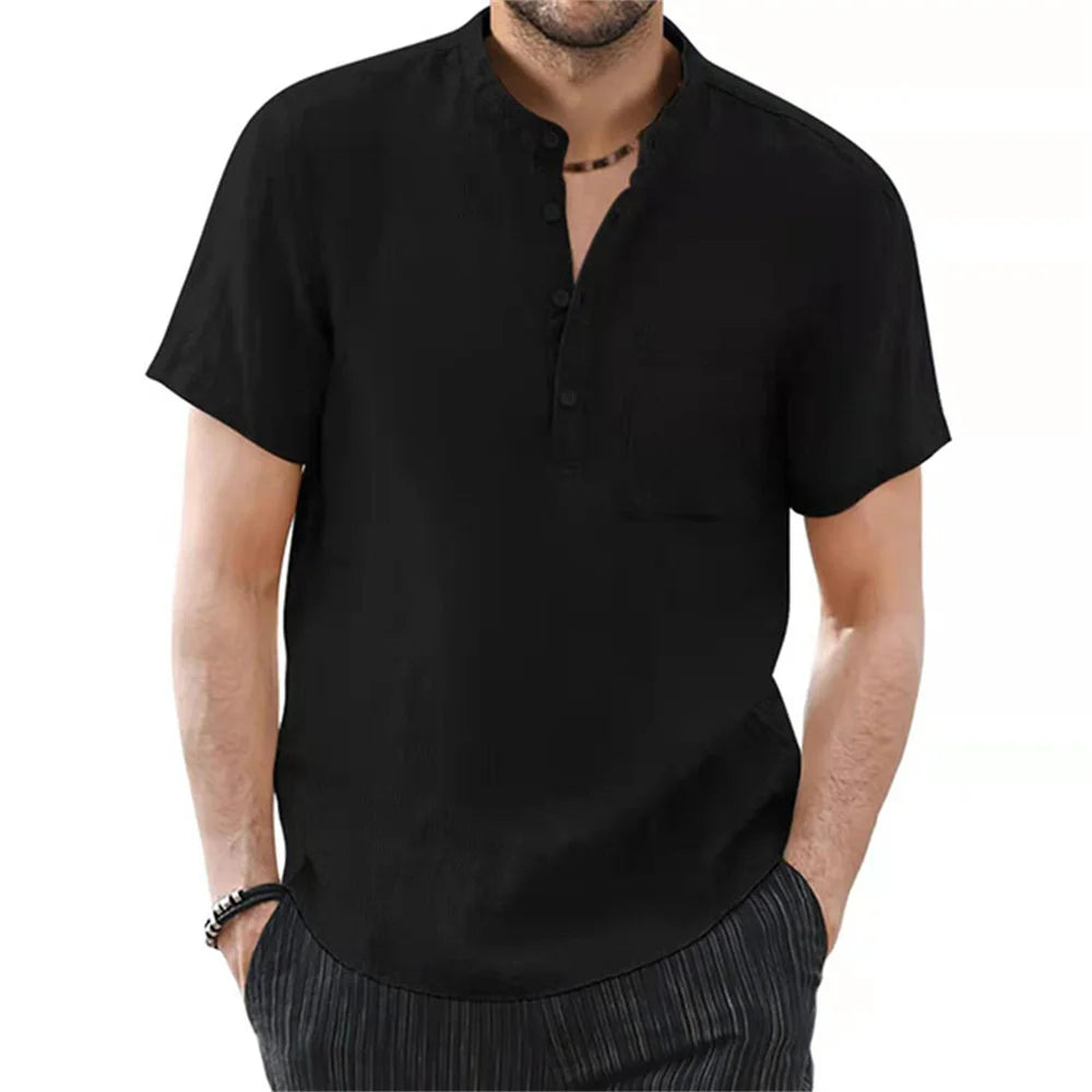 Men's Casual Short Sleeve Henley Shirt with Stand Collar and Chest Pocket