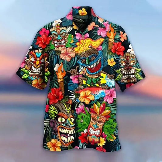 Men's Short Sleeve Hawaiian Shirt with Vibrant Tiki Mask and Floral Print for a Bold Tropical Look