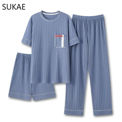 Men's Striped Short and Long Sleeve Pajama Set with Chest Pocket and Contrast Piping for Versatile Sleepwear Options