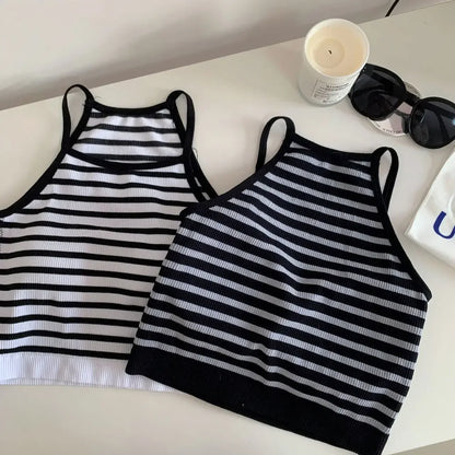 Women's Ribbed Tank Tops with Strappy Back Design and Mixed Solid and Striped Patterns, Perfect for Layering or Casual Wear