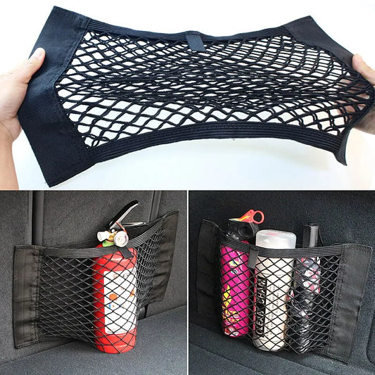 Universal Car Trunk Storage Net with Elastic Mesh and Adhesive Strips for Secure Organization and Easy Access to Essentials