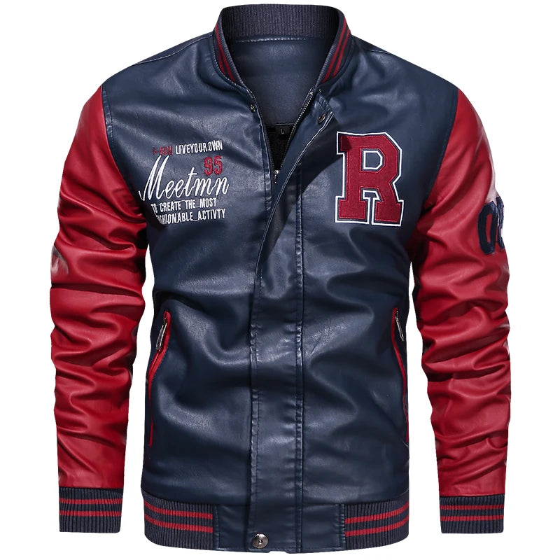 Mens Varsity Letterman Jacket with Embroidered Patches and Contrast Sleeves for Trendy Casual Wear