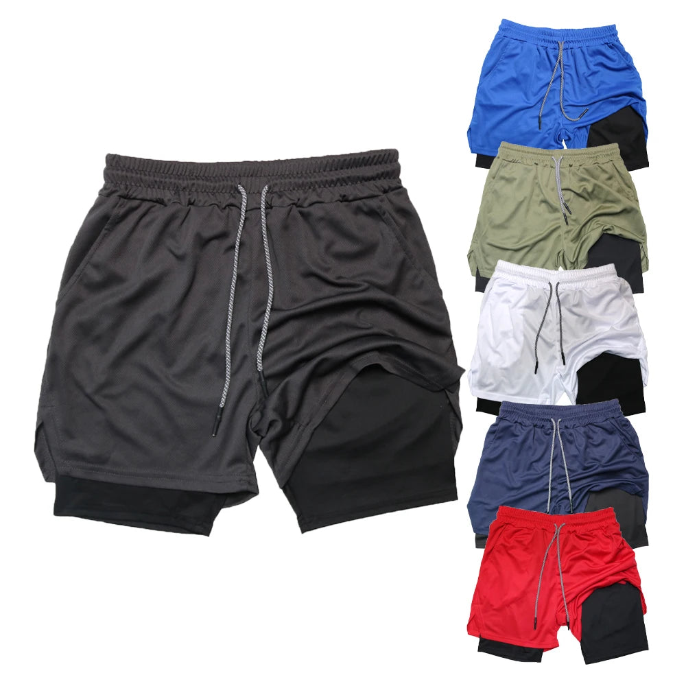 Men's Two-in-One Running Shorts with Built-In Compression Layer, Drawstring Waist, and Multiple Color Options