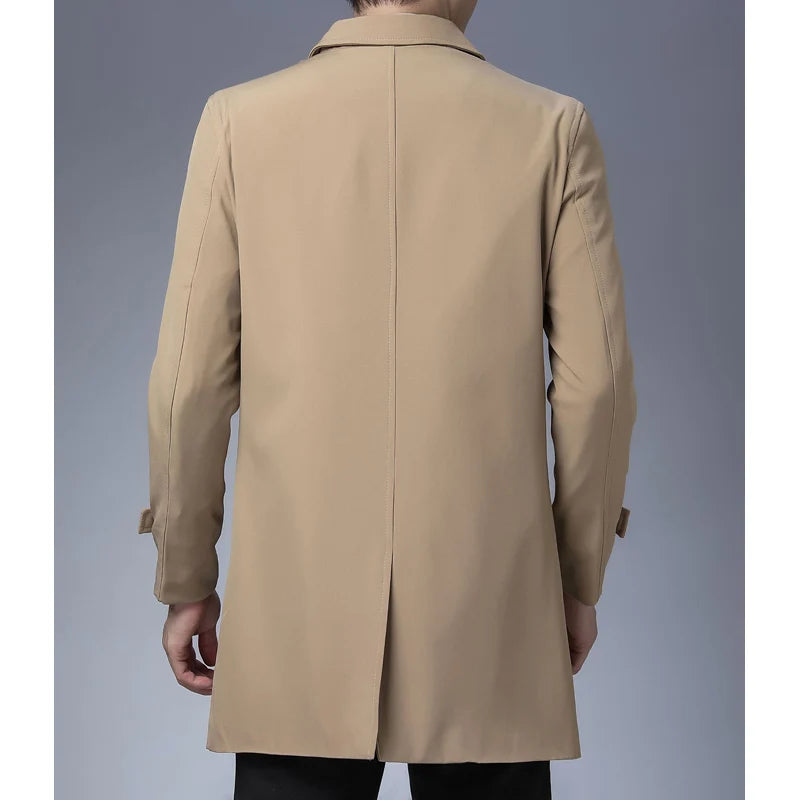 Men's Single-Breasted Trench Coat with Turn-Down Collar, Adjustable Cuffs, and Sleek Design for a Professional and Polished Look