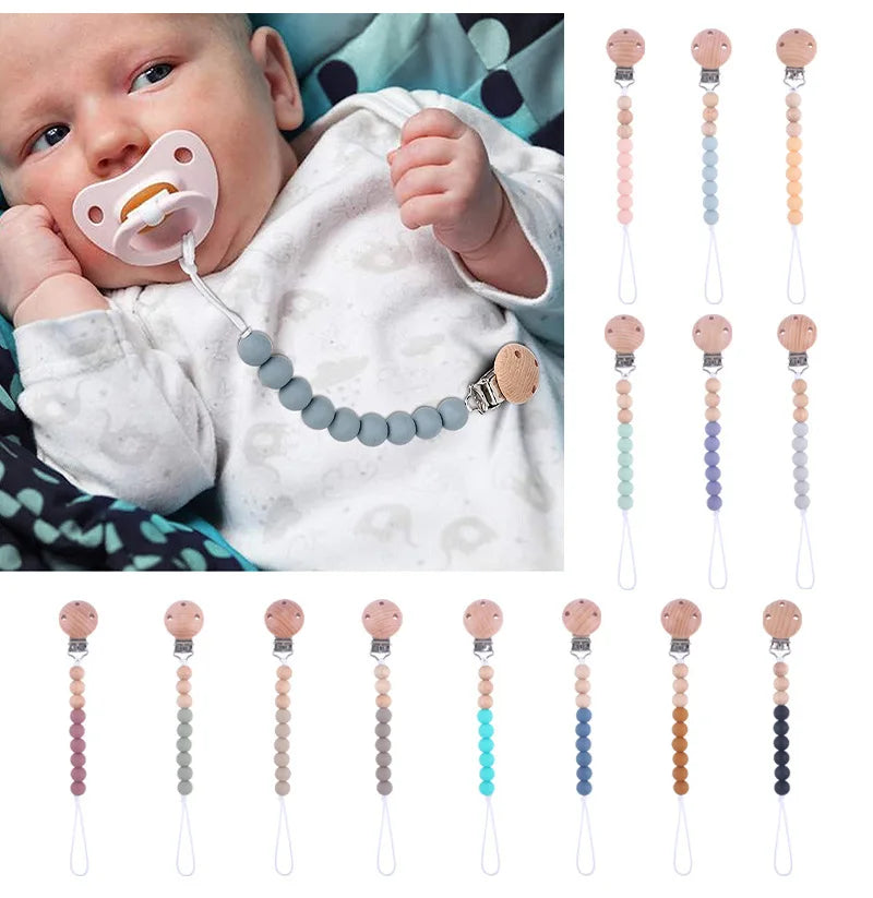 Natural Wooden Bead Baby Pacifier Clips with Soft Silicone Beads, Safe and Stylish Holder for Pacifiers and Teething Toys