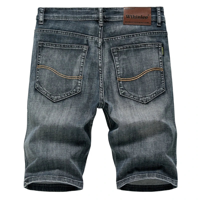 Men's Denim Shorts with Decorative Stitching and Back Pockets, Knee-Length Casual Fit