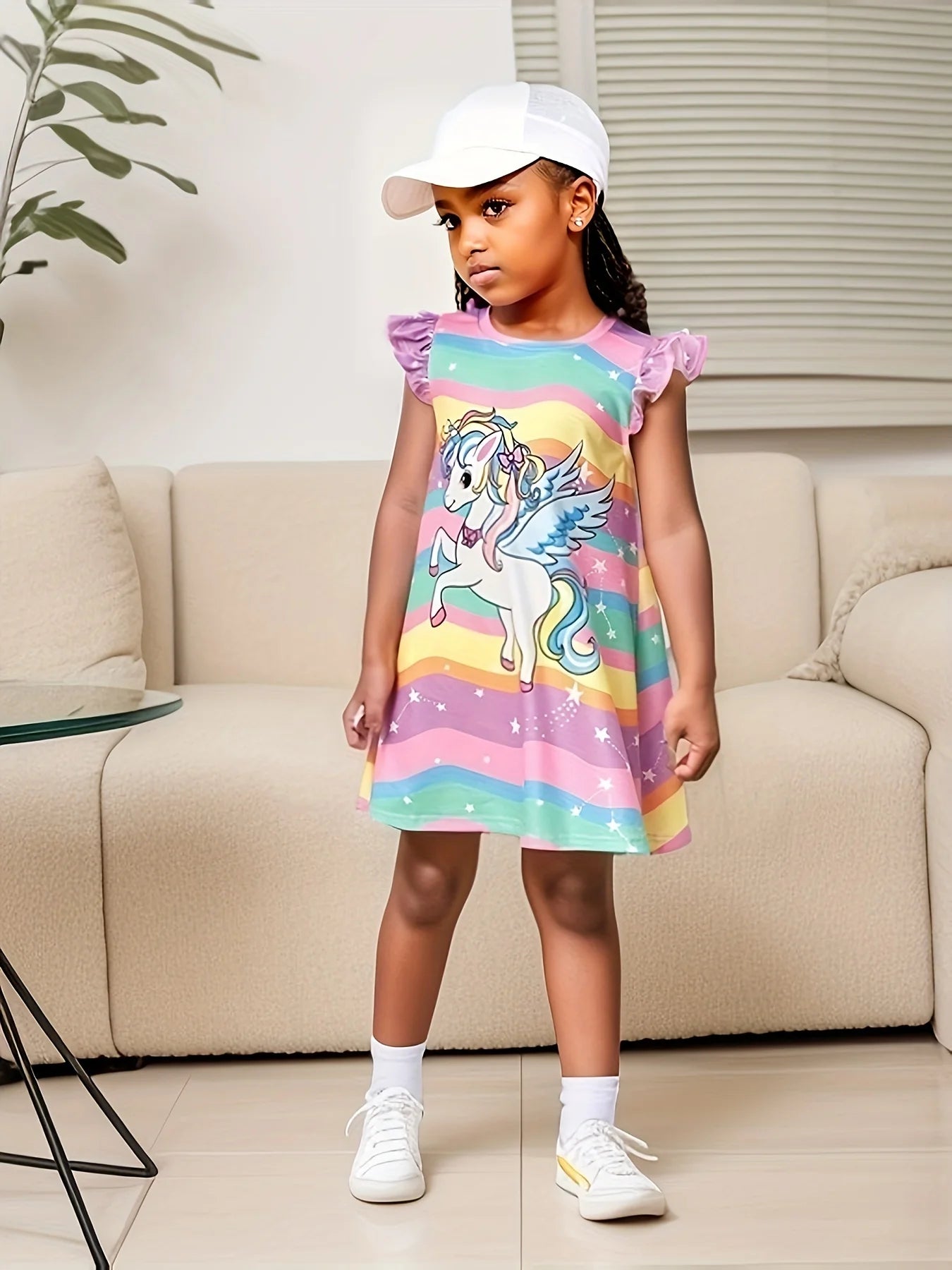 Girls' Unicorn and Rainbow Dress with Ruffled Sleeves – Adorable and Comfortable Summer Wear for Kids