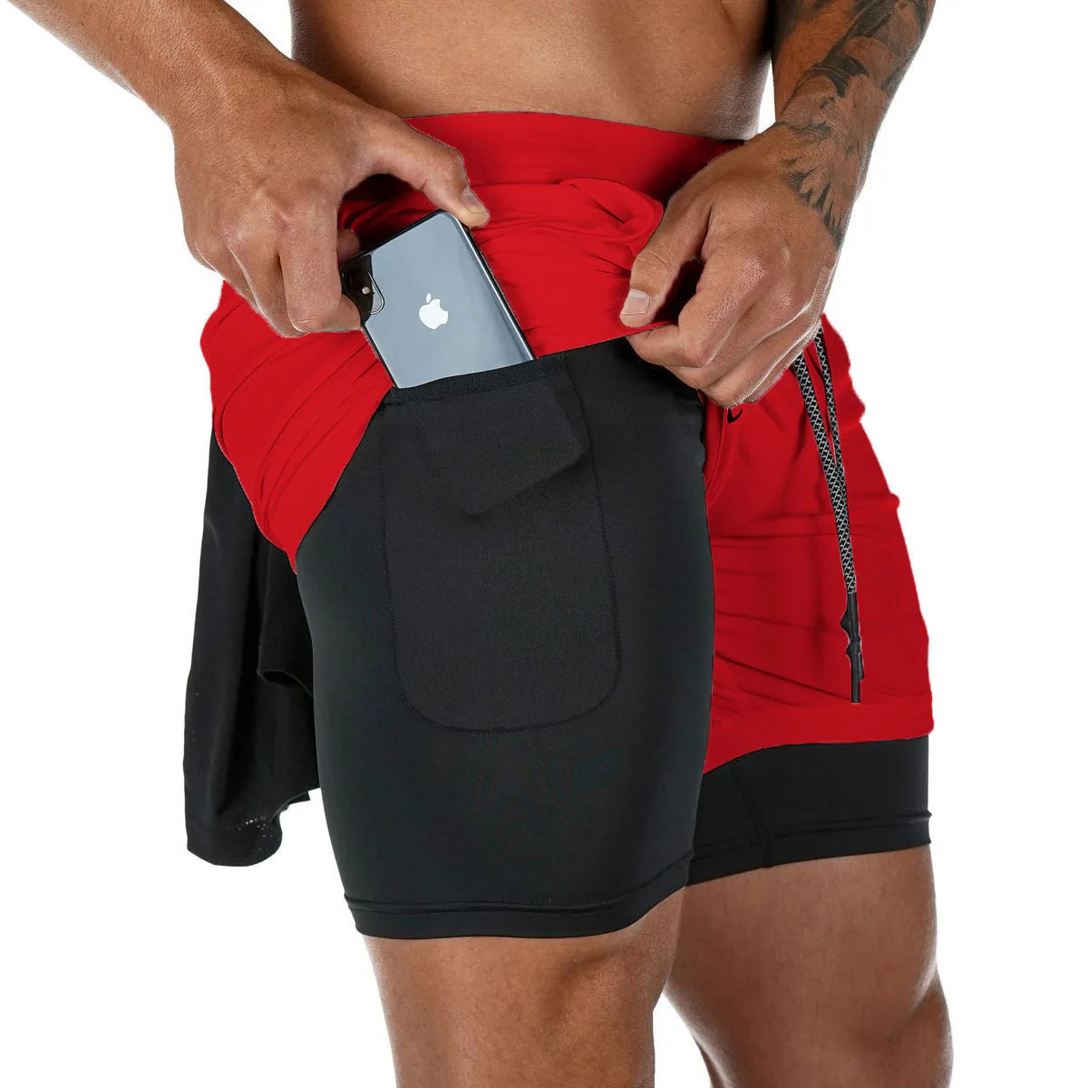 Men's Two-in-One Running Shorts with Built-In Compression Layer, Drawstring Waist, and Multiple Color Options