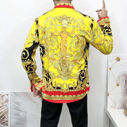 Baroque-Style Long-Sleeve Shirt with Bold Ornate Print and Button-Up Closure