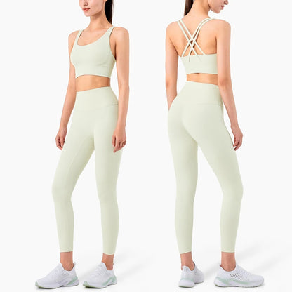 Women's High-Waisted Yoga Set with Strappy Back Sports Bra and Full-Length Leggings for Workout and Fitness