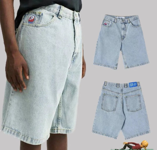 Men's Casual Loose-Fit Denim Shorts with Embroidered Patches and Button Fly Closure