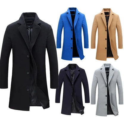 Men's Slim-Fit Overcoat with Notched Lapel and Single-Breasted Closure, Available in Multiple Colors for a Stylish Winter Wardrobe Essential