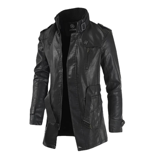 Men's Long Faux Leather Jacket with Stand Collar and Multiple Pockets