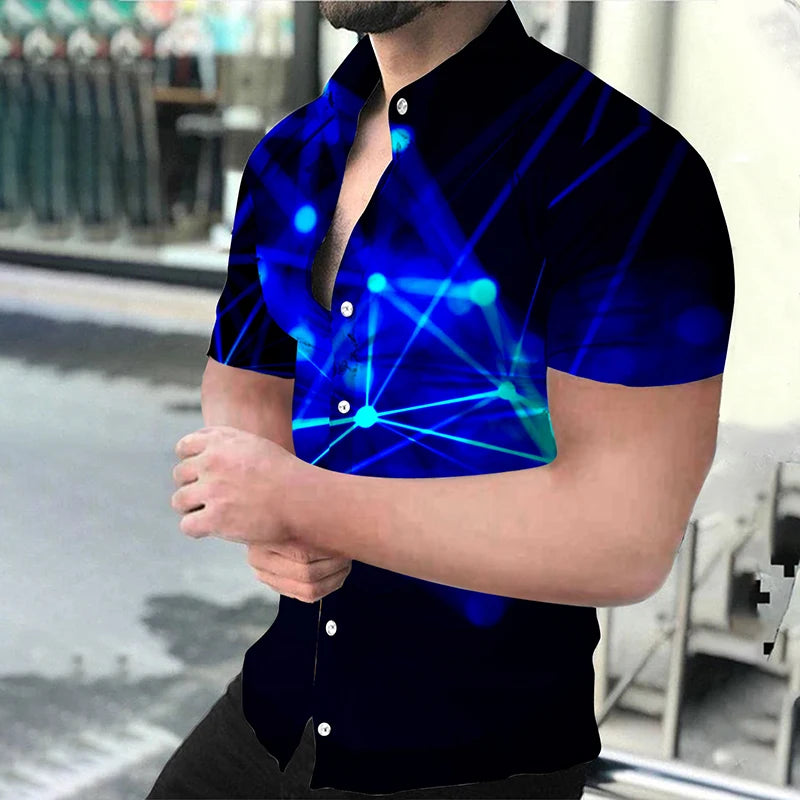 "Men's Short Sleeve Button-Up Shirt with Modern Geometric Print and Slim Fit Design"