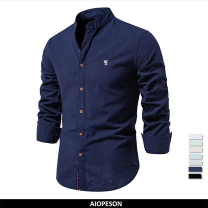 Men's Long-Sleeve Mandarin Collar Shirt with Button-Up Front and Embroidered Logo