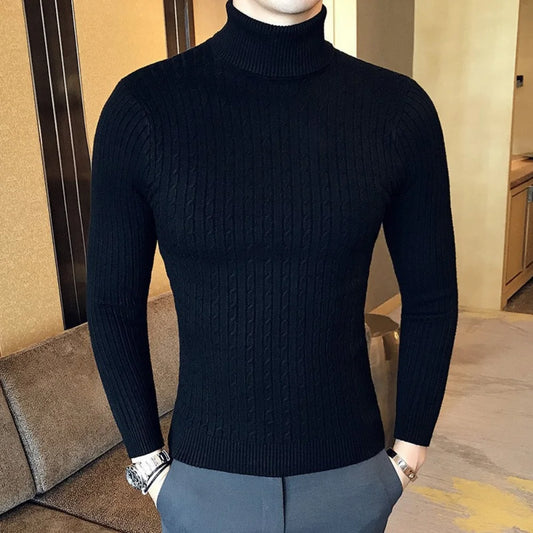 Men's Slim-Fit Turtleneck Sweater with Ribbed Knit Design and Long Sleeves