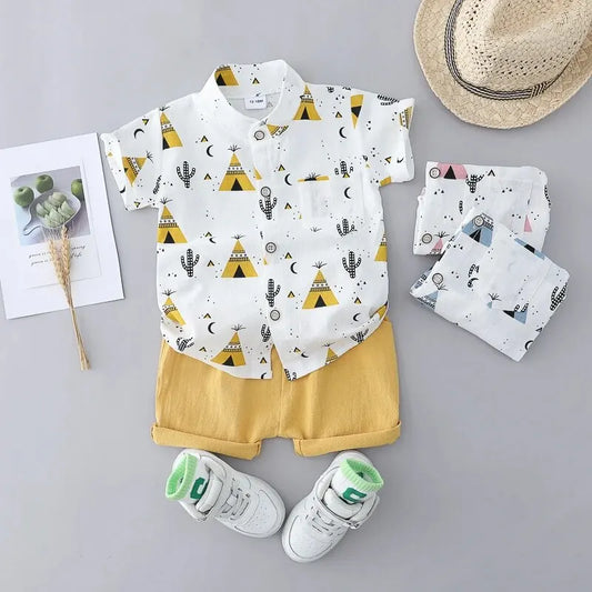 Trendy Toddler Boy's Summer Teepee Print Shirt and Shorts Outfit Set with Matching Accessories