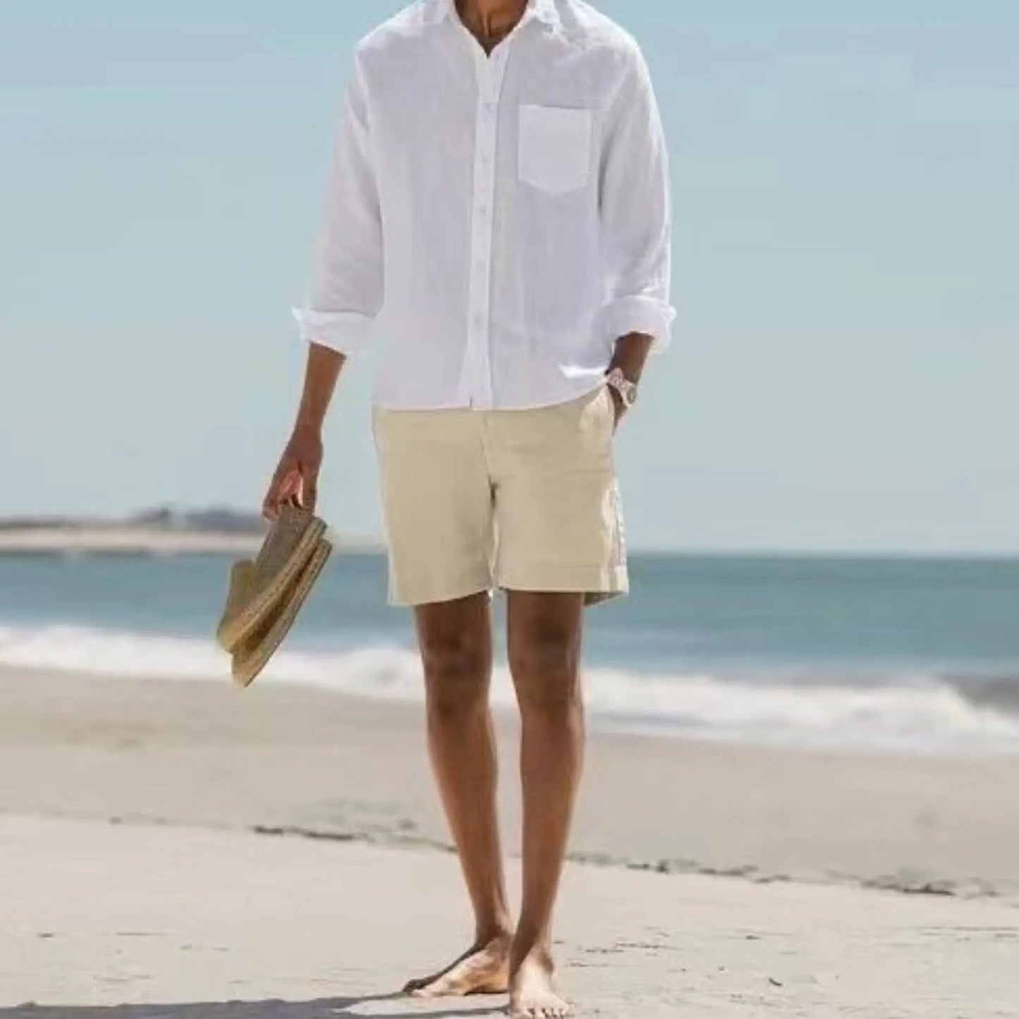 Men's Long-Sleeve Linen Beach Shirt with Button-Down Front and Relaxed Fit