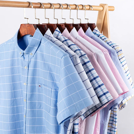 Men's short sleeve checkered dress shirts with button-down collar and classic fit, perfect for office wear or casual outings.