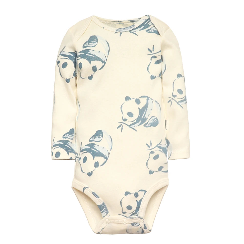 Baby Long Sleeve Bodysuits – Cozy Cotton Onesies for Infants, Pack of Five Featuring Adorable Animal Prints, Stripes, and Adventure Themes