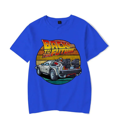 Men's Short Sleeve Retro Graphic T-Shirt Featuring Iconic Car Design and Nostalgic "Back to the Future" Theme