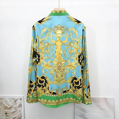 Baroque-Style Long-Sleeve Shirt with Bold Ornate Print and Button-Up Closure