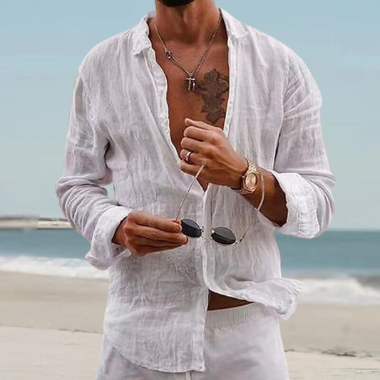 Men's Long-Sleeve Linen Beach Shirt with Button-Down Front and Relaxed Fit