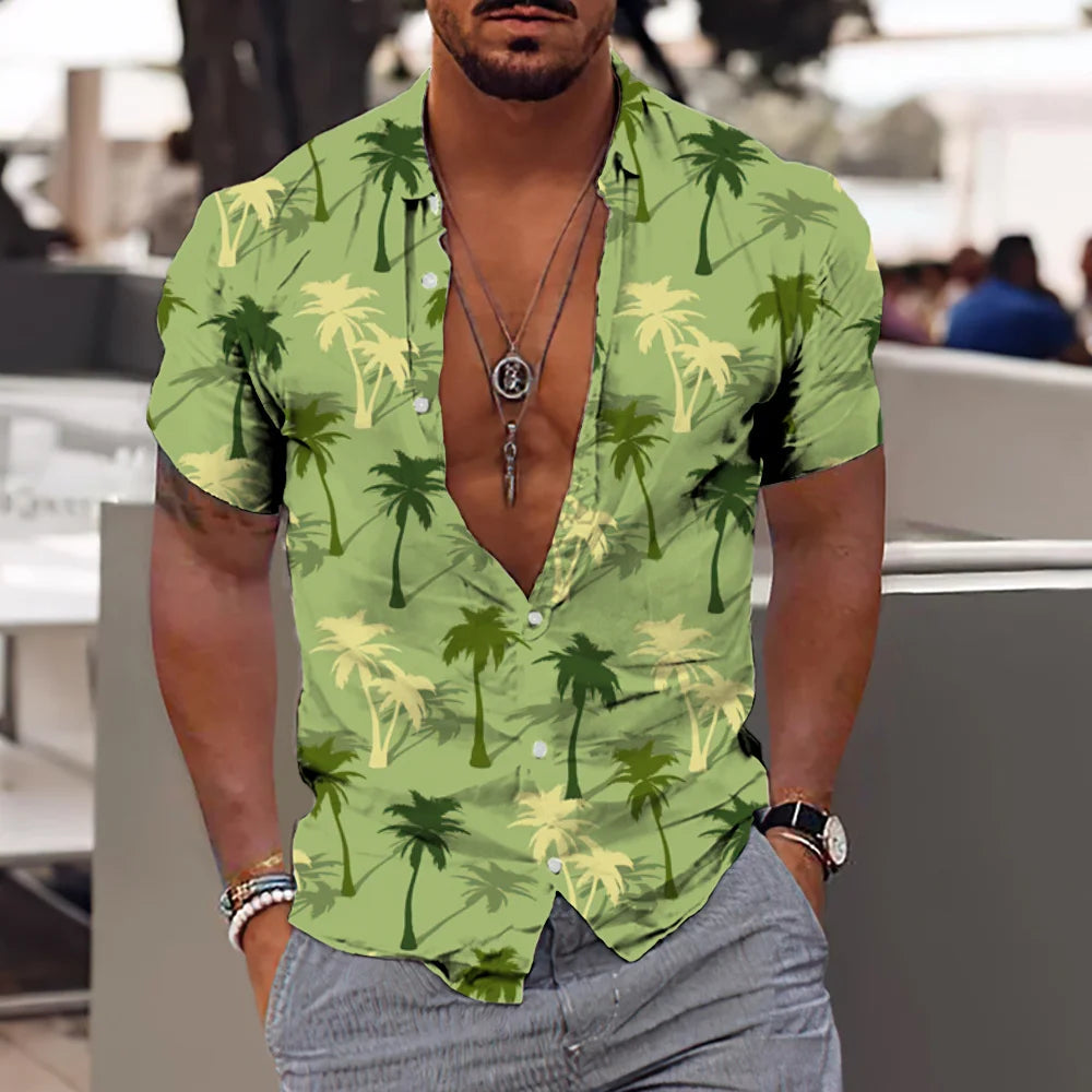 "Men's Tropical Print Short Sleeve Casual Button-Up Shirt with Relaxed Fit"