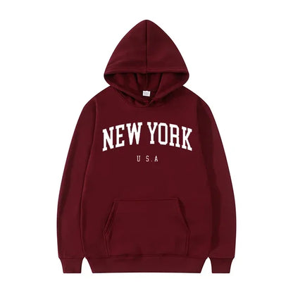 New York USA Graphic Hoodie with Kangaroo Pocket and Ribbed Cuffs for Urban Casual Style