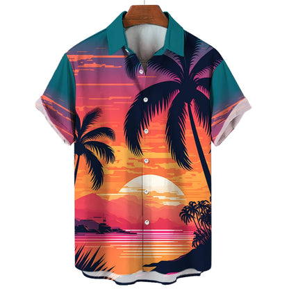 Vintage Surf and Palm Tree Print Short-Sleeve Hawaiian Shirt with Button-Up Closure and Turn-Down Collar