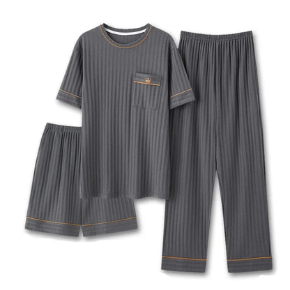 Men's Striped Short and Long Sleeve Pajama Set with Chest Pocket and Contrast Piping for Versatile Sleepwear Options