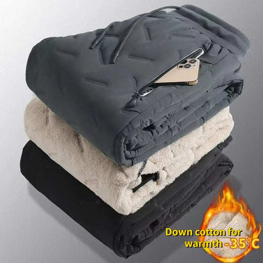 Men's Ultra-Warm Winter Pants with Down Cotton Insulation, Fleece Lining, and Zippered Pockets for Extreme Cold Weather