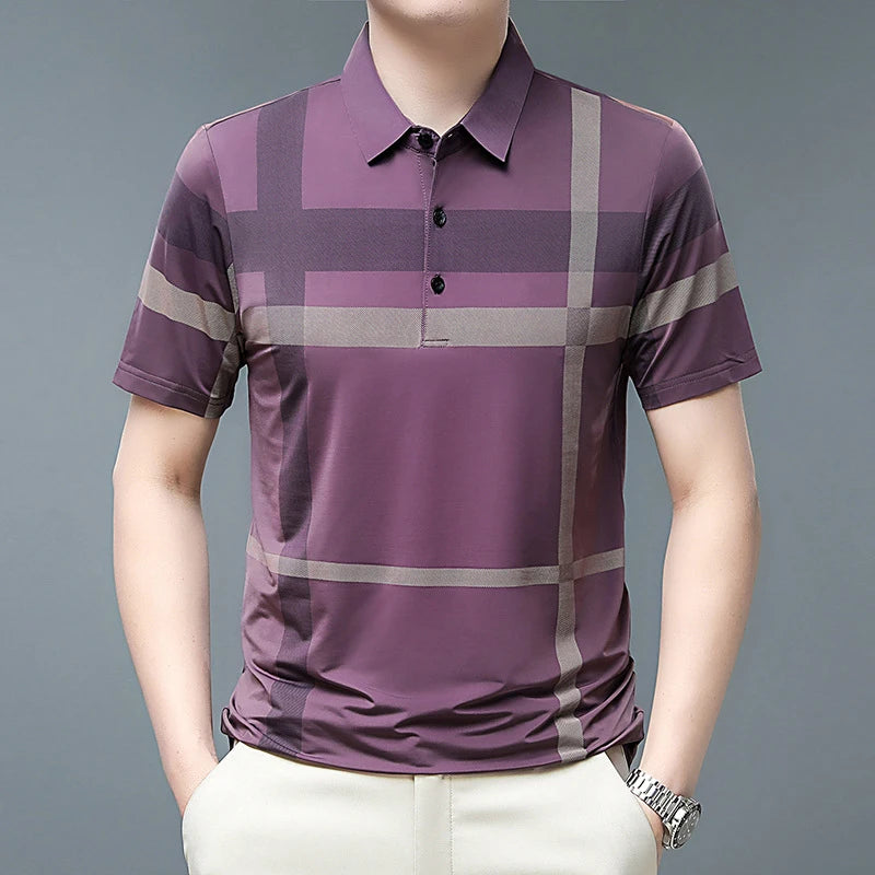 Men's Striped Short Sleeve Polo Shirt with Button Placket and Classic Fit Design