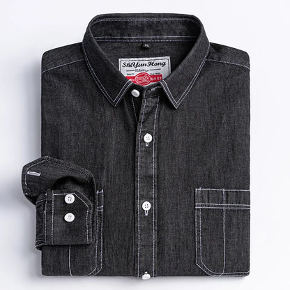 Long-Sleeve Denim Button-Up Shirt with Turn-Down Collar and Dual Chest Pockets