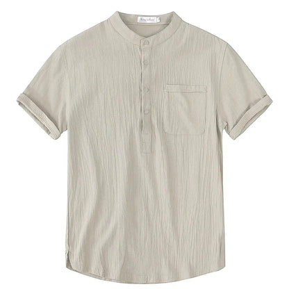 Men's Casual Short Sleeve Henley Shirt with Stand Collar and Chest Pocket