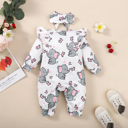 Adorable Elephant Print Baby Romper with Matching Headband - Soft and Comfortable Long-Sleeve Jumpsuit for Newborns and Infants