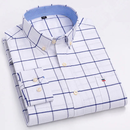 Premium Cotton Button-Down Oxford Shirt with Striped Collar Detail, Long Sleeves, and Classic Chest Pocket Design for Men.