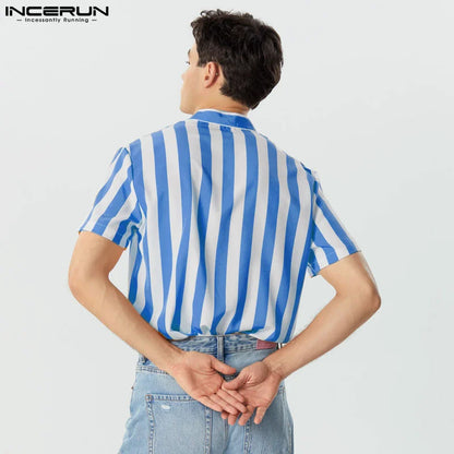 "Men's Short-Sleeve Striped Button-Up Shirt with Stand Collar and Slim-Fit Design"