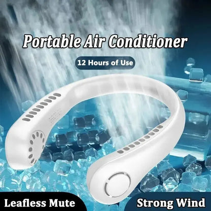 Portable Leafless Neck Fan with 12-Hour Battery Life, Mute Function, and Strong Wind Power for Personal Cooling and Comfort