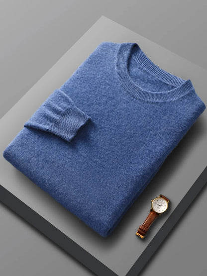 Men's Cashmere Blend Crew Neck Sweater with Ribbed Cuffs and Hem, Offering Luxurious Warmth and Comfort for a Sophisticated Look