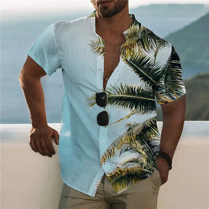 "Men's Tropical Print Short Sleeve Casual Button-Up Shirt with Relaxed Fit"