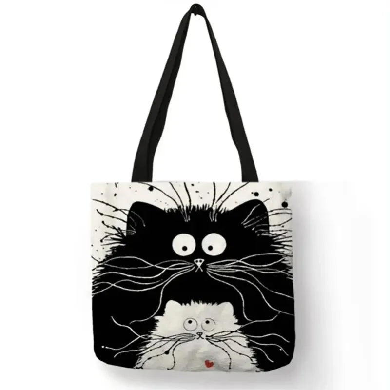 Canvas Tote Bag with Whimsical Cat Print and Heart Accent for Women