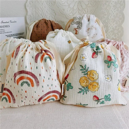 Elegant Drawstring Fabric Bags with Delicate Floral Patterns for Multi-purpose Use